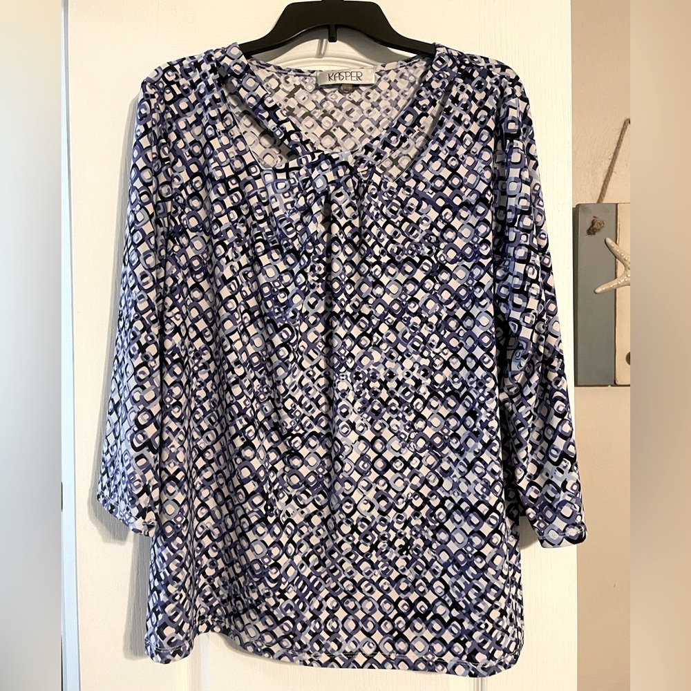 KASPER from Macy’s Purple/Black/White Geometric Blouse w/ Cut-Outs at Neckline